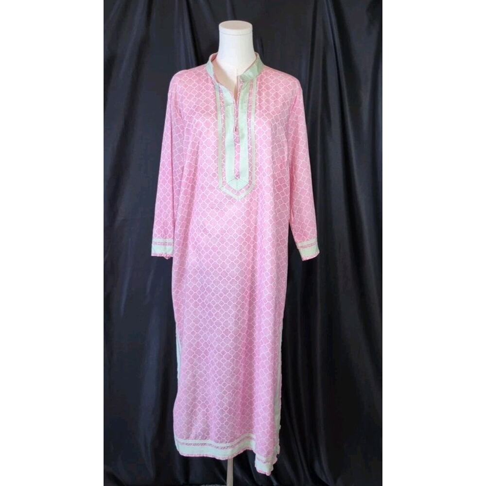 Nicoblu Capri Long Cotton Pink Geometric Tunic Caftan Midi Dress P1X 1X Petite